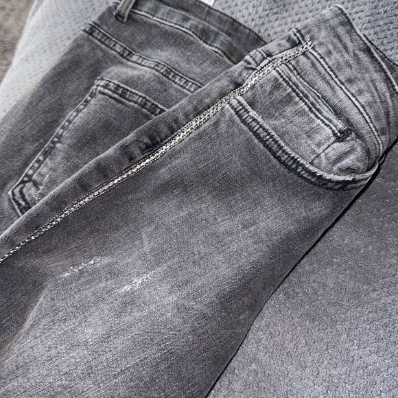 Zara High Rise Black Skinny Jeans Frayed Hem Rhinestone Side Trim Denim‎ Sz 10 - Picture 7 of 12